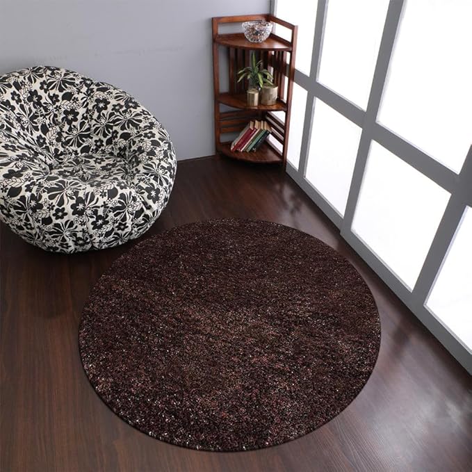 Hand Tufted SHAG Polyester ECO-Friendly Area Rugs - 8'x8', Round, Brown, Solid Plain Design, High Pile Thick Handmade Anti Skid Area Rugs for Living Room, Bed Room K00111
