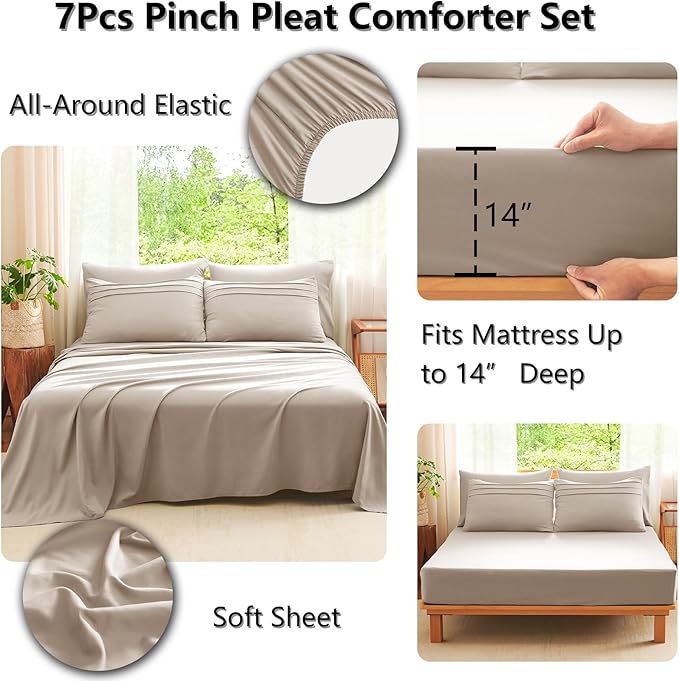 CozyLux Comforter Full Size Wheat, 7 Pieces Soft Pinch Pleat Bed in a Bag Full Comforter Set with Sheets, Boho Bed Set with Down Alternative Comforter, Sheets, Pillowcases & Shams