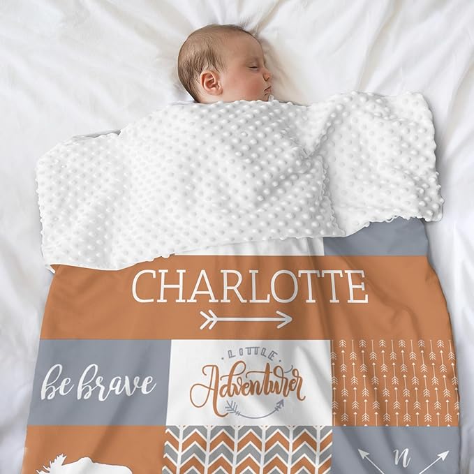 Customzed Baby Blanket for Girls Super Soft Double Layer with Dotted Backing, Monogrammed Receiving Blanket with Cute Woodland Multicolor Printed Blanket Burnt Orange 40 x 50 Inch