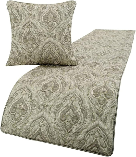 The HomeCentric King/Queen/Twin Grey Designer CA King 86"x18" Bed Runner with 2 Pillow Cover, Quilted, Damask& Gold Zari Embroidery Bed Scarf on Silk Fabric - Winifred