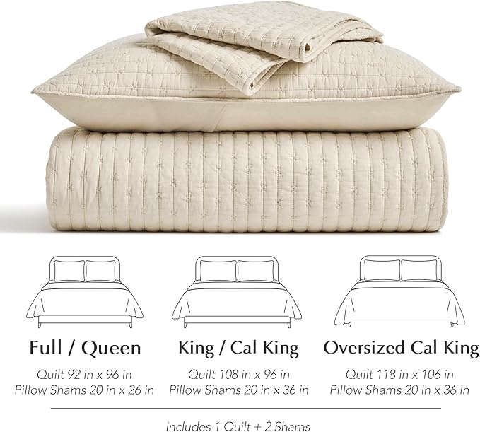 EVERGRACEHOME Cross Stitch Pre-Washed Cotton Quilt Bedding Set King Size, Oversized 3 Pieces Lightweight Bedspread Coverlet for All Season, with 2 Matching Shams, Flax Beige,118"x106"