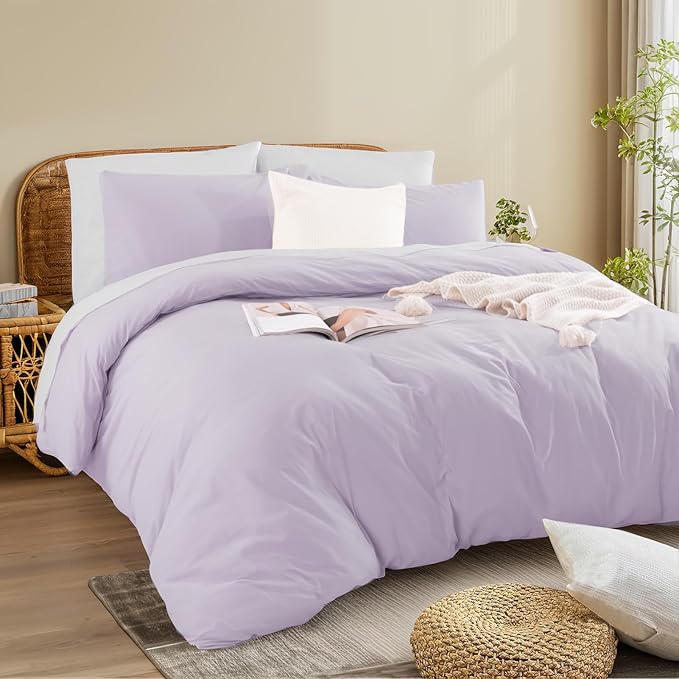 NEXHOME PRO Twin Duvet Cover Set, 100% Washed Cotton with Linen-Like Texture, Natural Organic, Breathable & Comfortable, Includes Home Bedding Set Lilac (No Comforter) 6890
