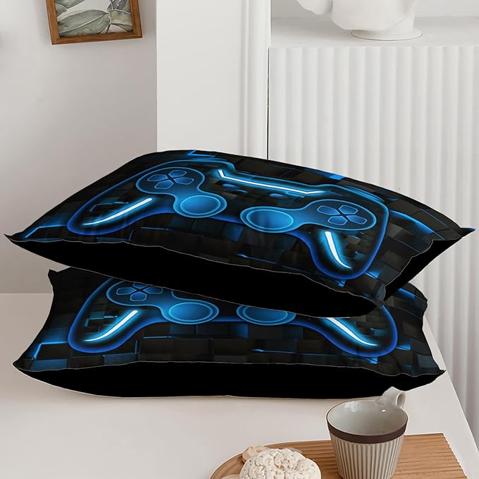 Axolotl Gamepad Comforter Set Twin Size,Blue Grid Print Bedding Set,Boys Gaming Console Comforter Set,Modern Gaming controller Geometry Bedding Set for Adult Teens Men,1 Quilt 2 Pillowcases,Blue Black