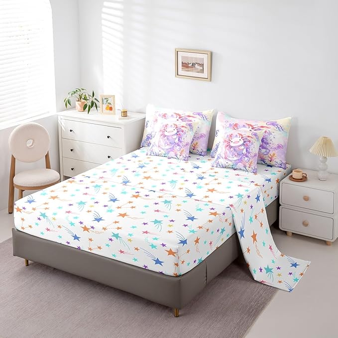 Feelyou Boys Girls Cute Axolotl 7 Pieces Bedding Sets King Size, Ocean Sealife Bed in A Bag for Cartoon Salamander Comforter Set with Sheets Kids Kawaii Teens Bed Set