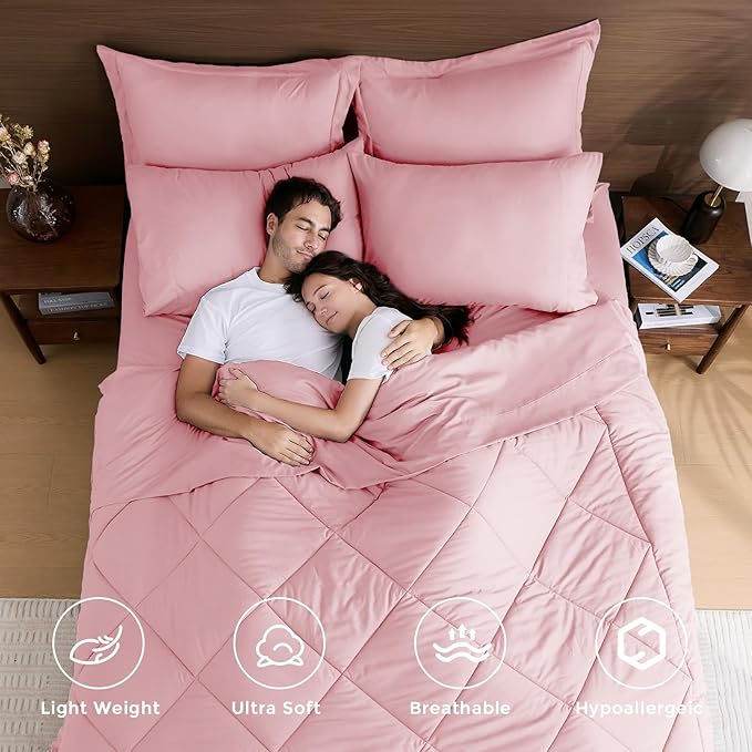 HEVUMYI Pink Twin Comforter Set - 5-Piece All Season Bed in a Bag Twin, Ultra Soft Bedding Set with Comforter, Flat Sheet, Fitted Sheet, Pillowcases, Pillow Shams, Pink
