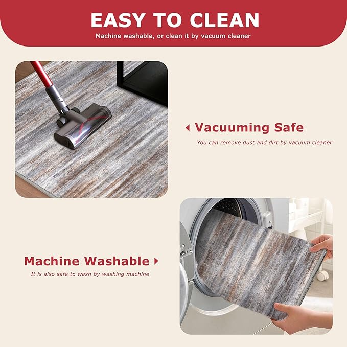 KOZYFLY Modern Abstract Small Area Rugs 2x3, Washable Kitchen Rug Non-Slip Soft Small Bathroom Rug, Grey Brown Striped Entryway Rugs Print Faux Wool Doormat for Bedside Entrance Bedroom Sink
