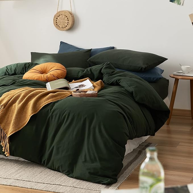 LifeTB Olive Green Duvet Cover Twin Size 3 Pieces Jersey Knit Cotton Bedding Duvet Cover Minimalist Dark Green Comforter Cover with Zipper Closure Breathable Soft Solid Color Bedding Set Twin