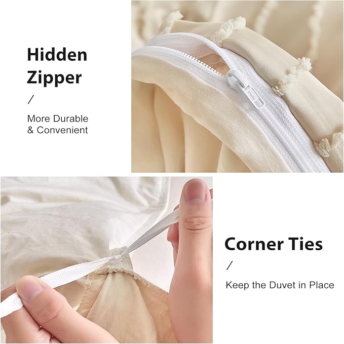 WARMDERN Khaki Boho Duvet Cover Twin Size, Striped Textured Duvet Cover Tufted Bedding Set, 2 Piece Washed Microfiber with Zipper Closure & Corner Ties(Twin, Khaki)