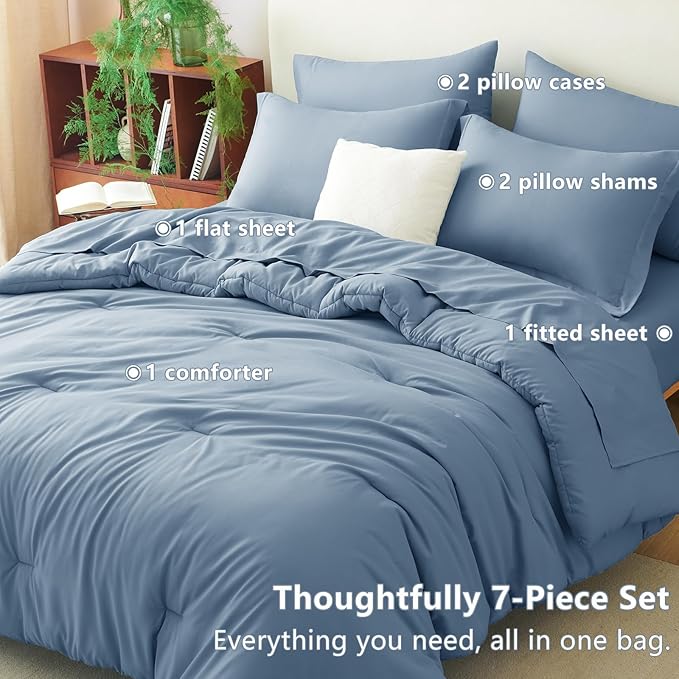 CozyLux Oversized King Comforter Set Grayish Blue, 7 Pieces Bed in a Bag Comforter Set with Sheets, Soft Bedding Sets with Down Alternative Comforter, Fitted Sheet, Flat Sheet, Pillowcases and Shams