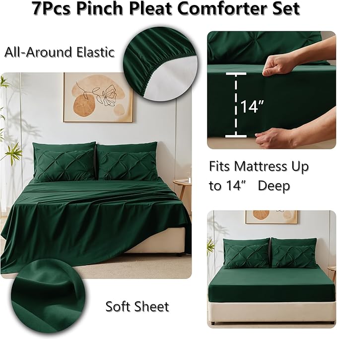 Full Comforter Set Emerald Green, 7 Pieces Pintuck Bed in A Bag Full Size Bedding, Soft Bed Set All Season Pinch Pleat Comforter Set with Sheets, Pillowcases & Shams