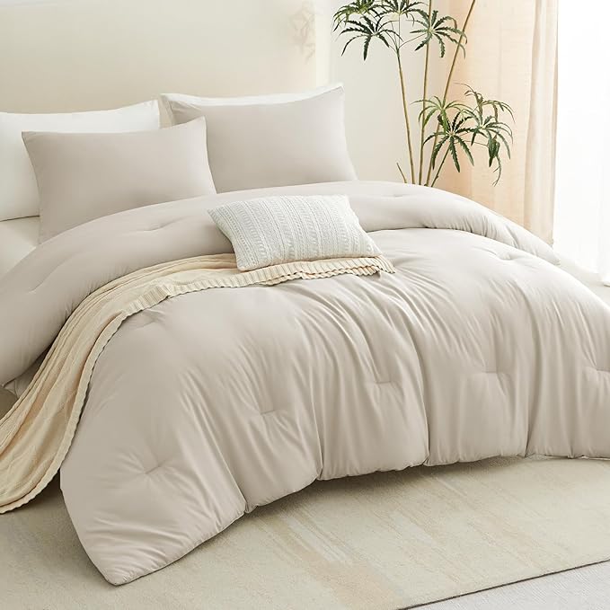 CozyLux Oatmeal Queen Comforter Set, 3 Pieces Solid Breathable Quilted Style Bedding Sets, Luxury Soft Fluffy Bed Set with Down Alternative Comforter for All Season (1 Comforter & 2 Pillowcases)