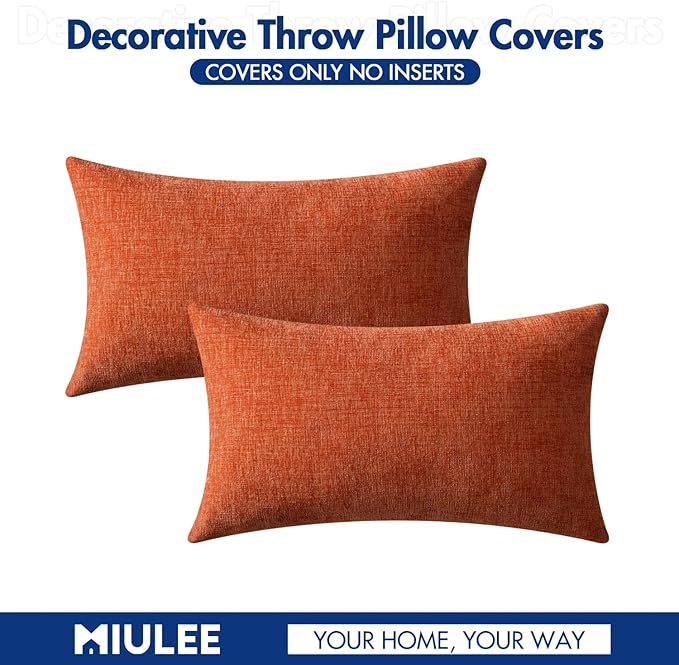 MIULEE Pack of 2 Rust Throw Pillow Covers 12x20 Inch Soft Chenille Lumbar Pillow Covers for Sofa Living Room Couch Solid Dyed Cases