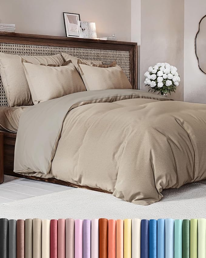 Duvet Cover Cal King Size - Extra Soft Cal King Size Duvet Cover - Breathable, Easy Care and Fade Free with Zipper Closures & Ties - 104" x 98" Inches - (Heathered Beige) Comforter Not Included