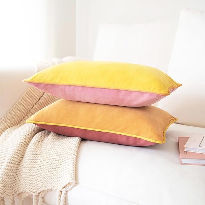 MONDAY MOOSE Decorative Throw Pillow Covers Cushion Cases, Set of 2 Soft Velvet Modern Double-Sided Designs, Mix and Match for Home Decor, Pillow Inserts Not Included (12x20 inch, Yellow/Pink)