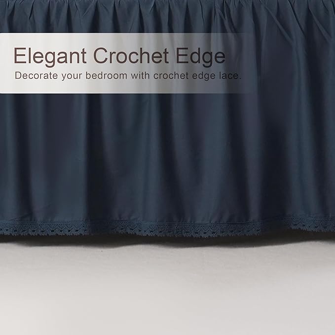 Queen Size 14 inch Drop Navy Blue Dust Ruffle, 100% Lightweight Cotton Ruffled Bed Skirt, French Coutry Style, Lace Ruffled Bed Skirt with Split Corners