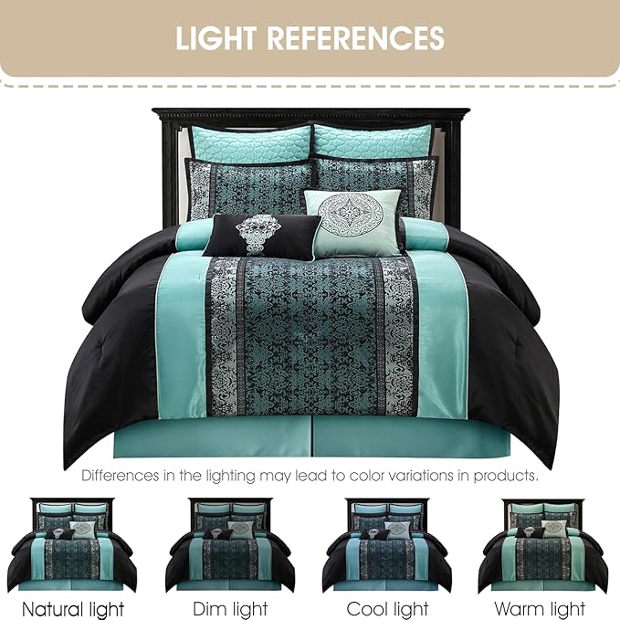Grand Avenue Black & Teal Comforter Set King, Classic Jacquard Bedding Sets, Faux Silk, Premium Microfiber, 8 Pieces Bed in a Bag, Embroidered Pillows