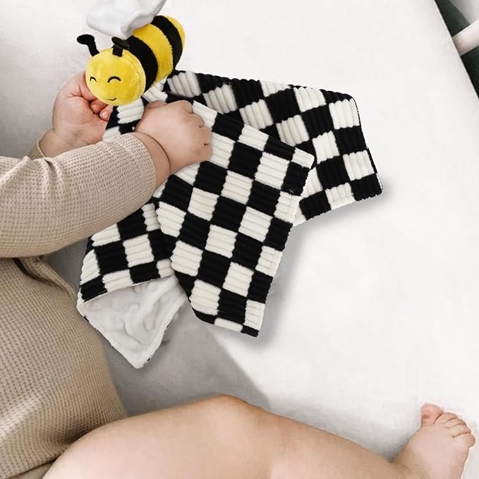 Baby Lovey Blanket for Boys Girls Super Soft Checkerboard Gingham with Minky Dot Fabric Backing Bee Stuffed Animal Lovely Snuggle Toy Black 14 Inch