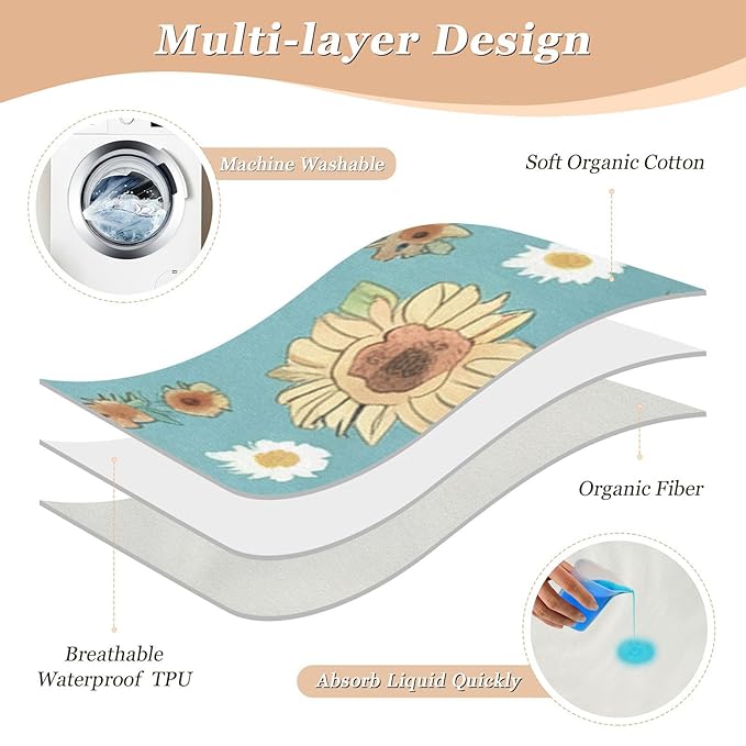 Waterproof Bed Pad Reusable Changing Pad Toddler Mattress Protector Large Pee Pad Baby Diaper Pad Soft Washable Liner Green Yellow Sunflower
