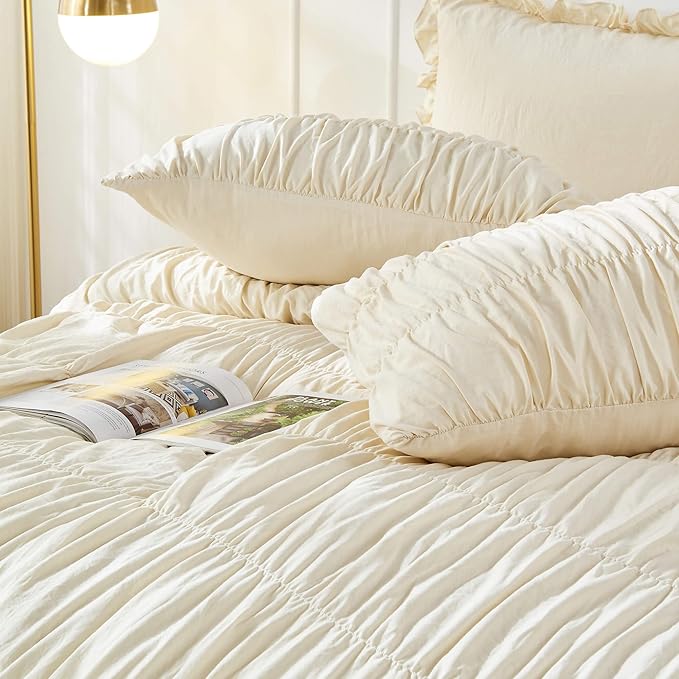 Bonlino Queen Comforter Set - Ruched Comforter Queen Size Bed Set Boho Shabby Chic Bedding for Bedroom Comforter Fluffy 3 Piece Ruffle Comforter Set with Pillow White Bedding Soft