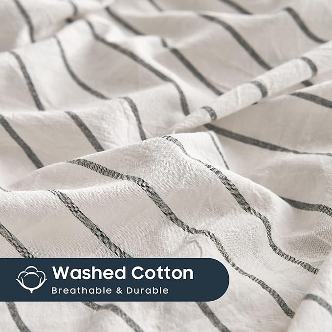 Wake In Cloud - Striped Cotton Duvet Cover Set, Ticking Stripe Vertical Pinstripe Farmhouse, 100% Washed Cotton Textured Percale Bedding Set, 3 Pieces, White, Full Size