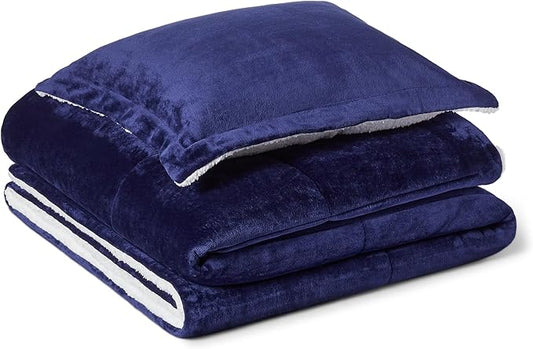 Amazon Basics Reversible Sherpa Comforter Set with Pillow Sham, Navy, Twin/Twin XL