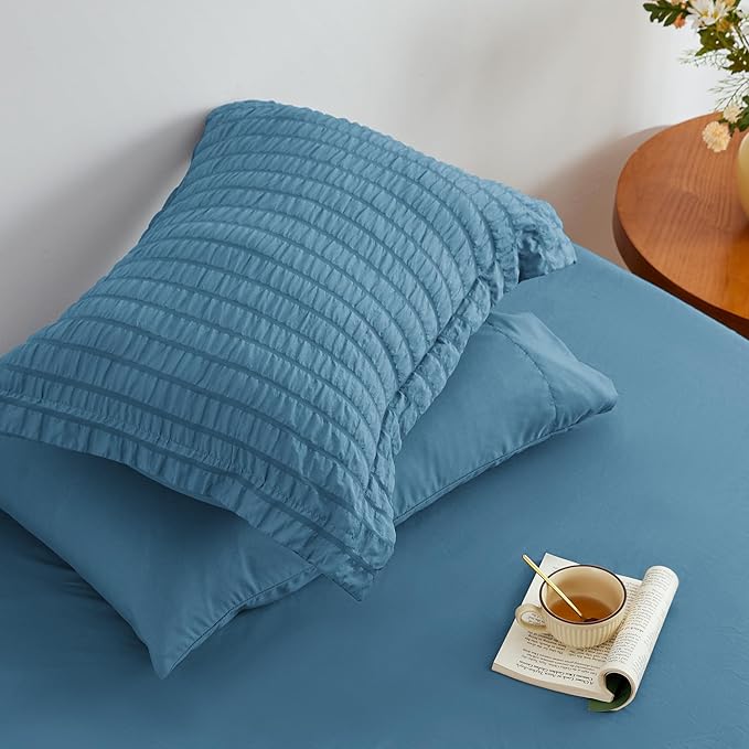 Love's cabin Seersucker Misty Blue Queen Comforter Set, 7-Piece All Season Lightweight Bed in a Bag Bedding Set with Comforter, Flat Sheet, Fitted Sheet, Pillowcases and Shams | Soft, Breathable, Lightweight