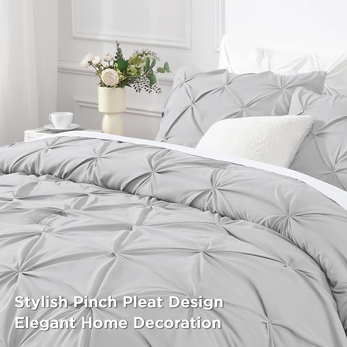 Andency Gray Pinch Pleat Comforter Twin(66x90Inch), 2 Pieces(1 Grey Pintuck Comforter and 1 Pillowcase) Microfiber Down Alternative Bedding Set