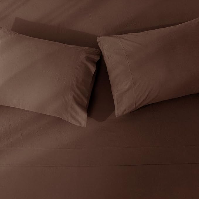 JIYUAN 100% Washed Cotton Sheet Set 4 Pieces Full,1 Fitted Sheet,1 Flat Sheet and 2 Pillowcases,Comfy and Breathable Linen Like Bedding Set,Chocolate Brown