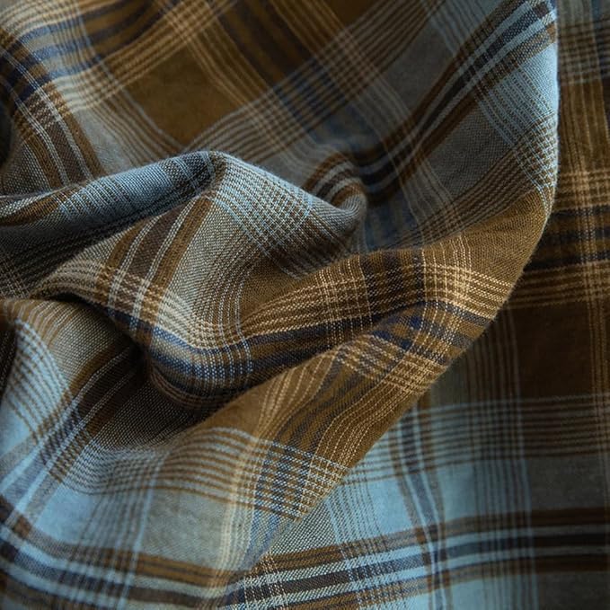 Vintage Blue&Brown Plaid Duvet Cover Queen 100% Cotton Muslin Duvet Cover Retro Plaid Gingham Checkered Comforter Cover with 2 Pillowcases Breathable Linen Like Gauze Farmhouse Grid Bedding Set
