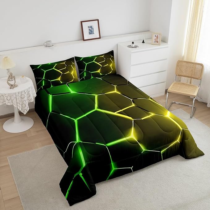 Feelyou Honeycomb Comforter Green Yellow Hexagonal Print Bedding Set for Kids Boys Girls Children Beehive Geometrical Comforter Set Ultra Soft Decor Reticulated Duvet Set Twin Size