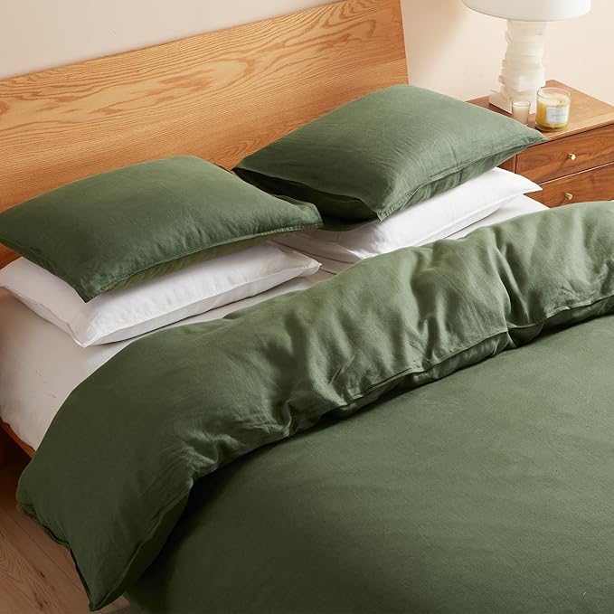 DAPU 100% Linen Duvet Cover Twin 2PCs, Pure Natural French Flax Linen Duvet Cover King 68"x90" with Corner Ties and Zipper Closure, Soft Breathable Durable for Hot Sleepers (Olive Green, Twin)