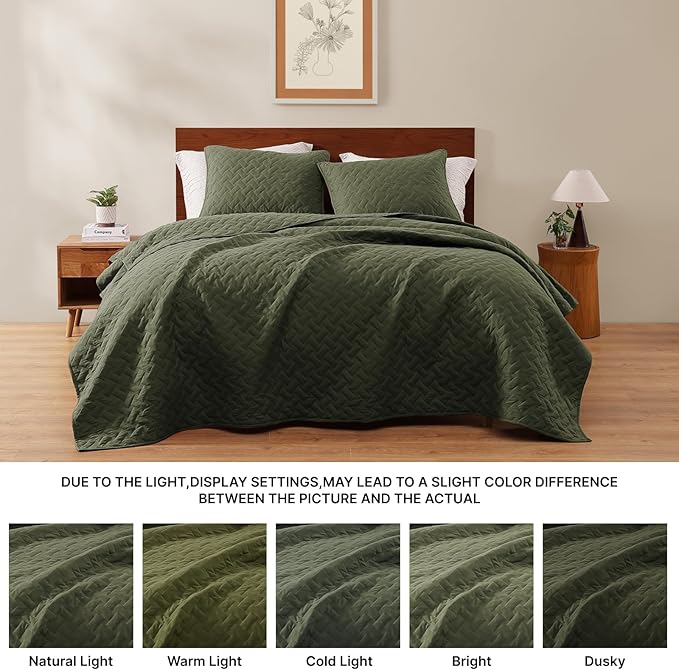 WRENSONGE Queen Quilt Set-3 Pieces Basket Weave Olive Green Bedspreads Queen Size Quilt Bedding for All Seasons, Soft Summer Coverlet with 2 Pillow Shams Suitable for Bed, Couch, Quilt Blanket