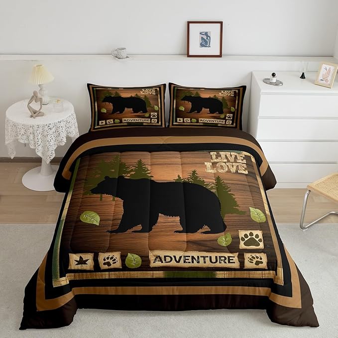Feelyou Full Size Rustic Bear Bedding Set Wildlife Hunting Comforter Set Bear and Paw Comforter for Kids Boys Girls Cabin Duvet Insert Kids Bedroom Decor 3Pcs