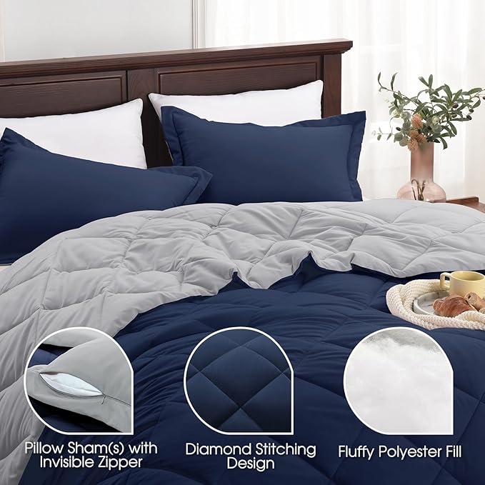 Basic Beyond Full Size Comforter Set - Navy and Grey Comforter Set Full, Reversible Comforter Full Size Set, 1 Comforter (82"x92") and 2 Pillow Shams (20"x26"+2")