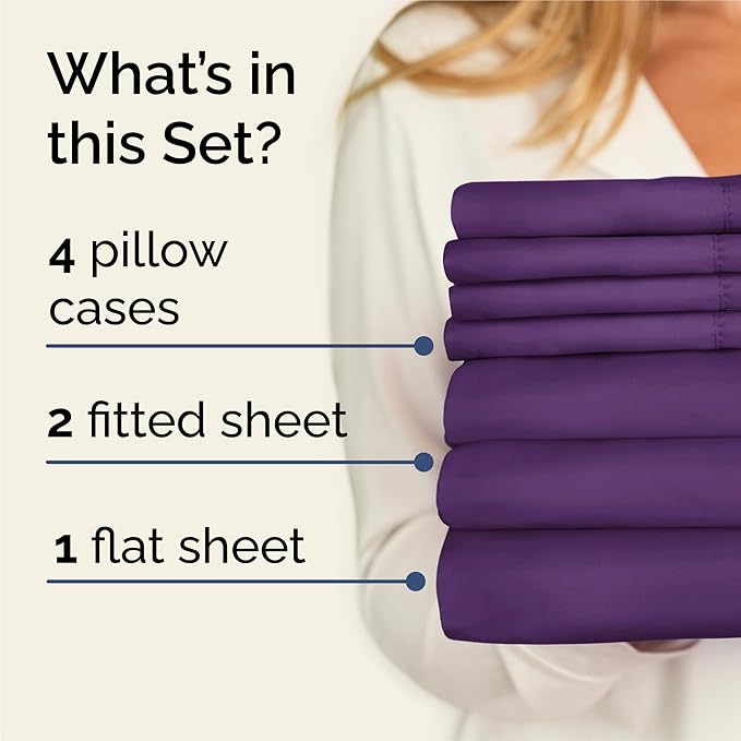 Split King 7 Piece Sheet Set - Comfy Breathable & Cooling - Ultra-Soft Hotel Luxury Bedding Set w/ 8-16 Inch Deep Pockets - 1 Flat & 2 Fitted Sheet & 4 Pillowcases - Wrinkle Free & Easy Care - Purple