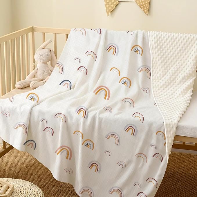 Cotton Muslin Front Fluffy-Backed Baby Swaddle Blankets Double Layer Nursery Plush Dotted Fleece Back Receiving Bed Quilt Blanket for Unisex Newborn Toddler Boys Girls 30 x 41 Inches