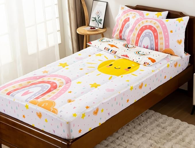 Meeting Story 3pcs Kids Comforter Set Zipper Bedding Set for Girls,Twin Kid Bedding Set Rainbow Comforter Set for Kid,All in one Zipper Bedding（White,Twin）