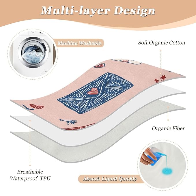 Waterproof Bed Pad Reusable Changing Pad Toddler Mattress Protector Large Pee Pad Baby Diaper Pad Soft Washable Liner Valentine Hearts Love Letter Pink