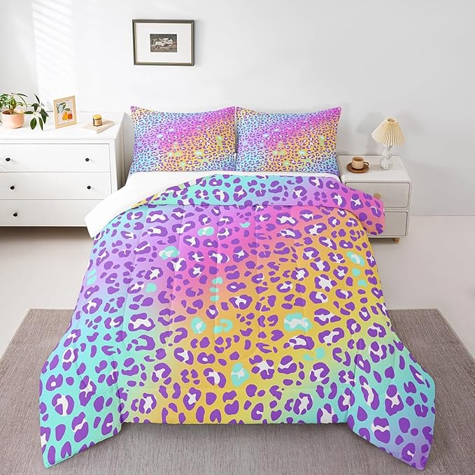 Girls Colorful Leopard Comforter Women Cheetah Print Bedding Set Girly Modern Leopard Print Comforter Set for All Seasons Kids Boys Safari Animal Print Quilt Duvet Set Room Decor Twin Size Boys