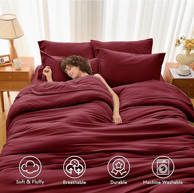 MUXHOMO 5 Pieces Twin XL Comforter Set, Soft Bed in a Bag Twin XL Size, All Season Bedding Set with Comforter, Flat Sheet, Fitted Sheet, Pillowcases & Shams, Burgundy Red
