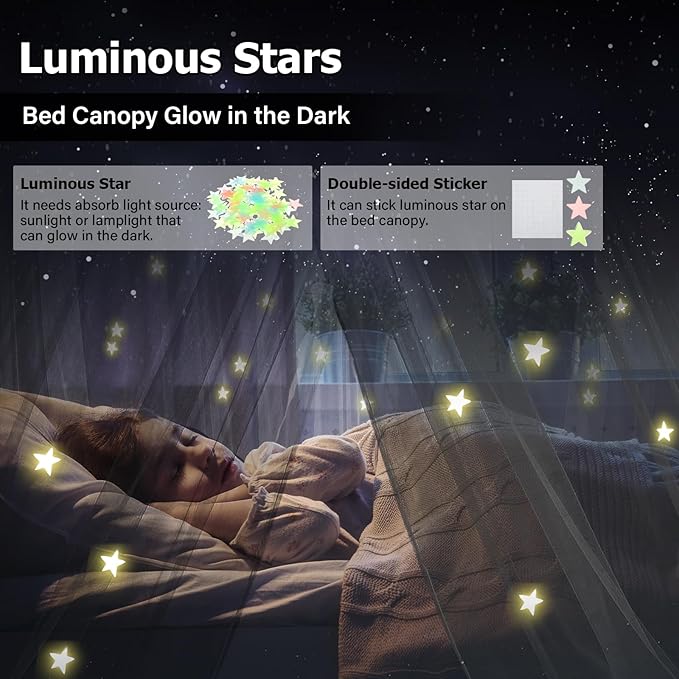 Bed Canopy with Lights, Bed Canopy for Girls Princess with Luminous Stars, Canopy Bed Curtains for Twin to King Size Bed, Baby Kids Adult Indoor Decor Bedroom Reading Nook Halloween Decoration (Black)