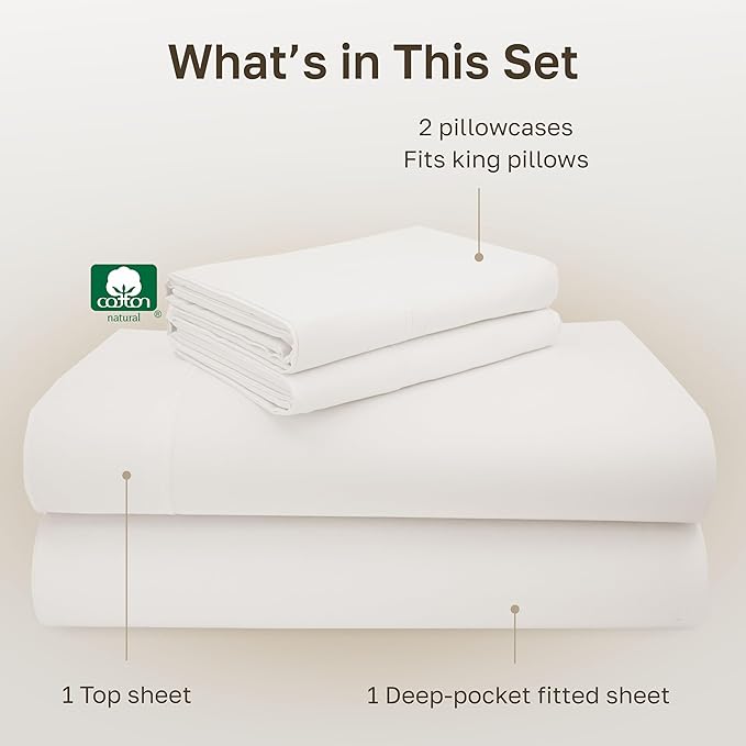 California Design Den Deep Pocket King Sheets Set - Luxuriously Soft 600 Thread Count 100% Cotton Sateen Bedding, King Size Sheet Set, All Around Elastic, Snug Fit - True Ivory