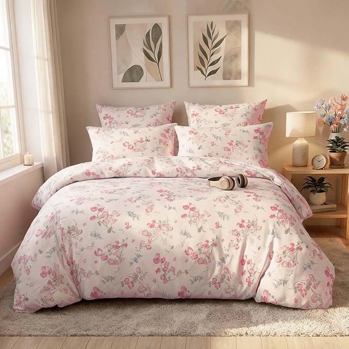Nayoroom Pink Floral Duvet Cover Queen Size Spring Botanical Blooms Flower Cottagecore Duvet Cover 3 Pieces Soft Lightweight Microfiber Aesthetic Bedding Set Gift for Women Men