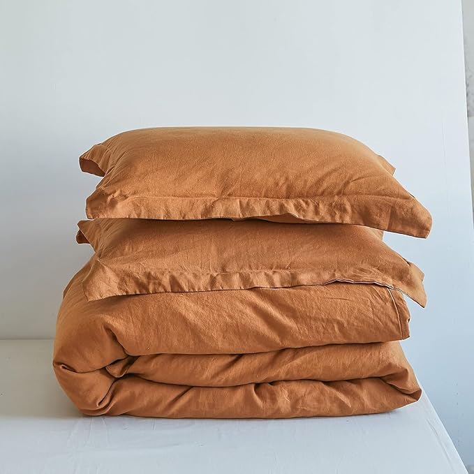 Simple&Opulence 100% Linen Duvet Cover Set, 3 PCS Natural French Flax Rust Duvet Cover King Size, Breathable Soft Comfy Linen Bedding Comforter Cover with 2 Pillowcases(Rust, 104"x92")