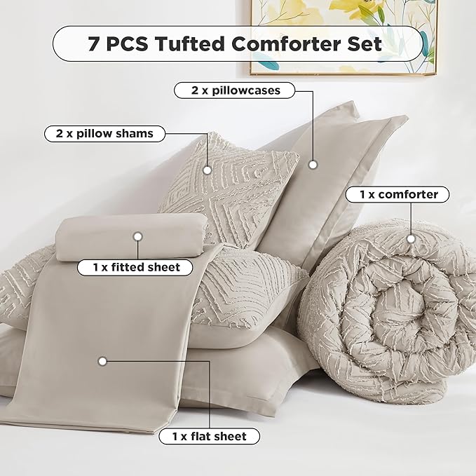 Andency California King Comforter Set Linen - 7 Pieces Bed in a Bag Cal King Bedding Comforter Sets, Tufted Lightweight Fluffy Bed Set with Comforter, Sheets, Pillowcases & Shams