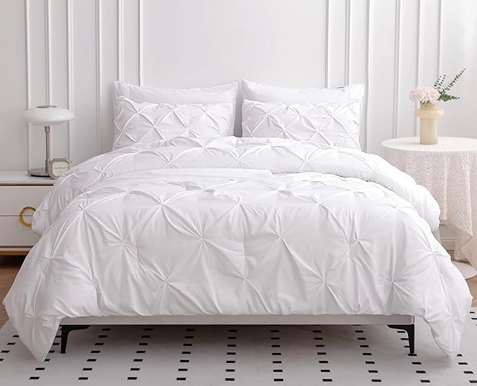 LANE LINEN Twin XL Comforter Set - Extra Long 5 Piece Dorm Bedding Sets - Pinch Pleat Bed in a Bag - Includes Pintuck Comforter, Sheets, Pillowcase & Sham - Durable Stitching for Everyday Use - White | Durable stitching, Soft pinch pleat, Extra long co...