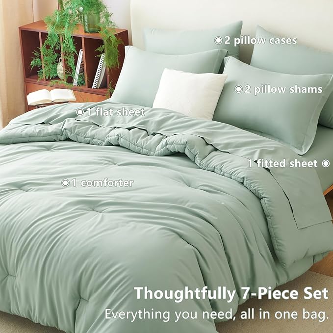 CozyLux King Comforter Set Sage Green, 7 Pieces Bed in a Bag, Bedding Comforter Set with Sheets, All Season Boho 7PC Bed Sets with Comforter, Fitted Sheets, Flat Sheets, Pillow Shams and Pillowcases
