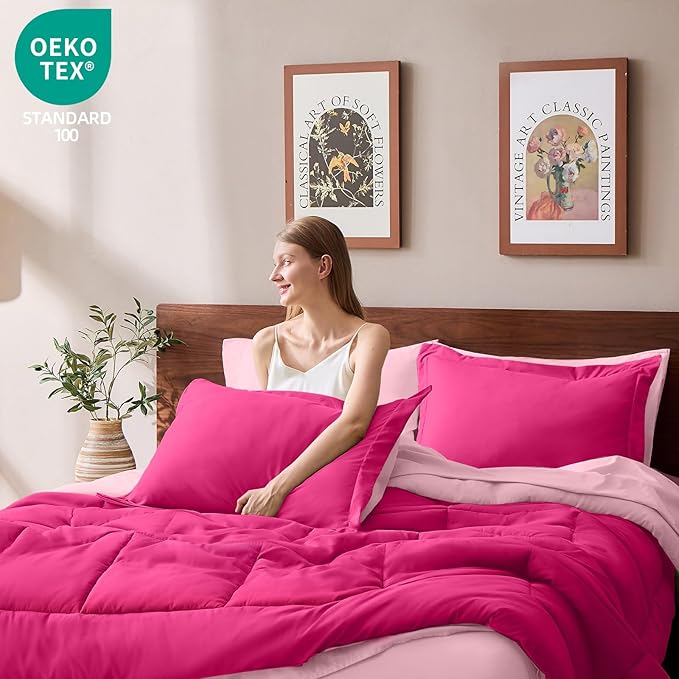 FUANNA California King Comforter Set 7 Pieces, Reversible Bedding Sets with All Season Soft Comforter, Bed in a Bag with Comforter, Flat Sheet, Fitted Sheet, Pillowcases & Shams, Hot Pink & Pink