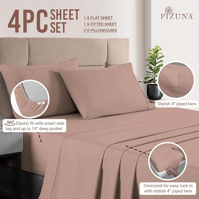 Pizuna Pure 100% Cotton Sheets RV King Size, Luxurious 400 Thread Count Long Staple Cotton Sateen RV King Sheets Set with 15inch Deep Pocket (Combed Pale Rose Pink Cotton Sheet Set)