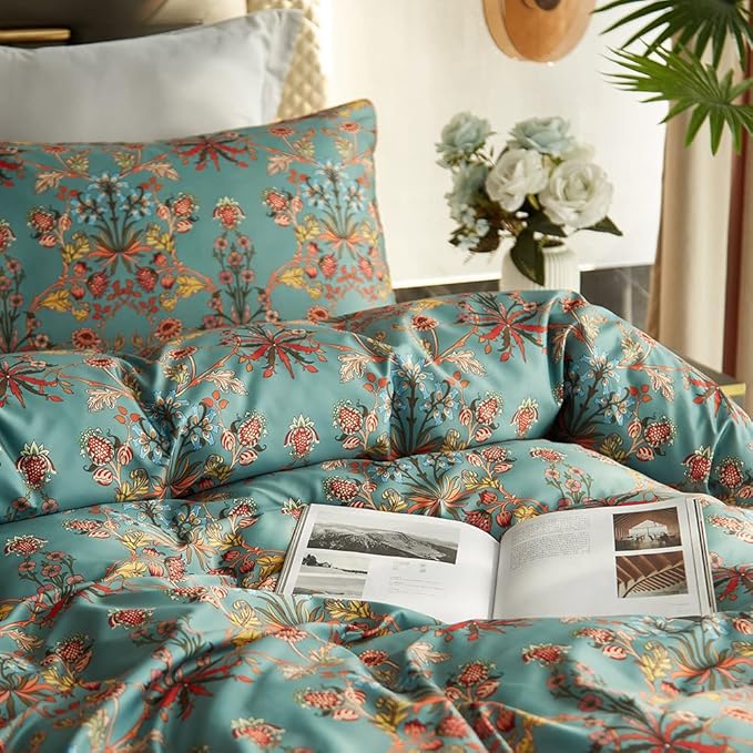 Cupocupa Duvet Cover Queen Size Set Boho Floral Pattern Queen Size Bed Vintage Soft Bedding Leaf Print Paisley Duvet Cover with Pillowcases